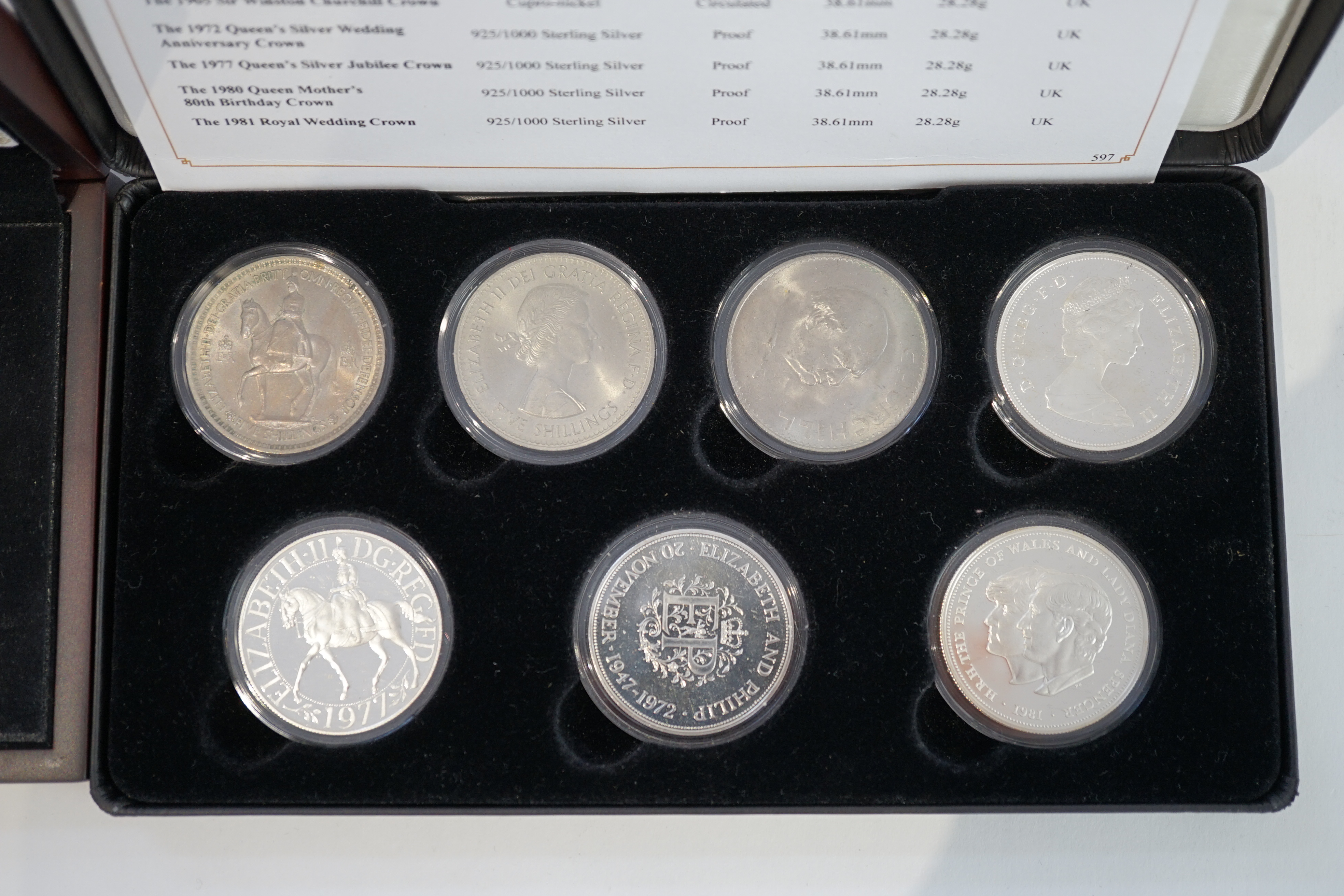 British coins, Elizabeth II, Crown collection comprising four proof silver crowns and three cupronickel crowns, 1953-1981, in Jubilee Mint fitted case with certificate, and a silver proof 50p Battle of Britain 2015, with